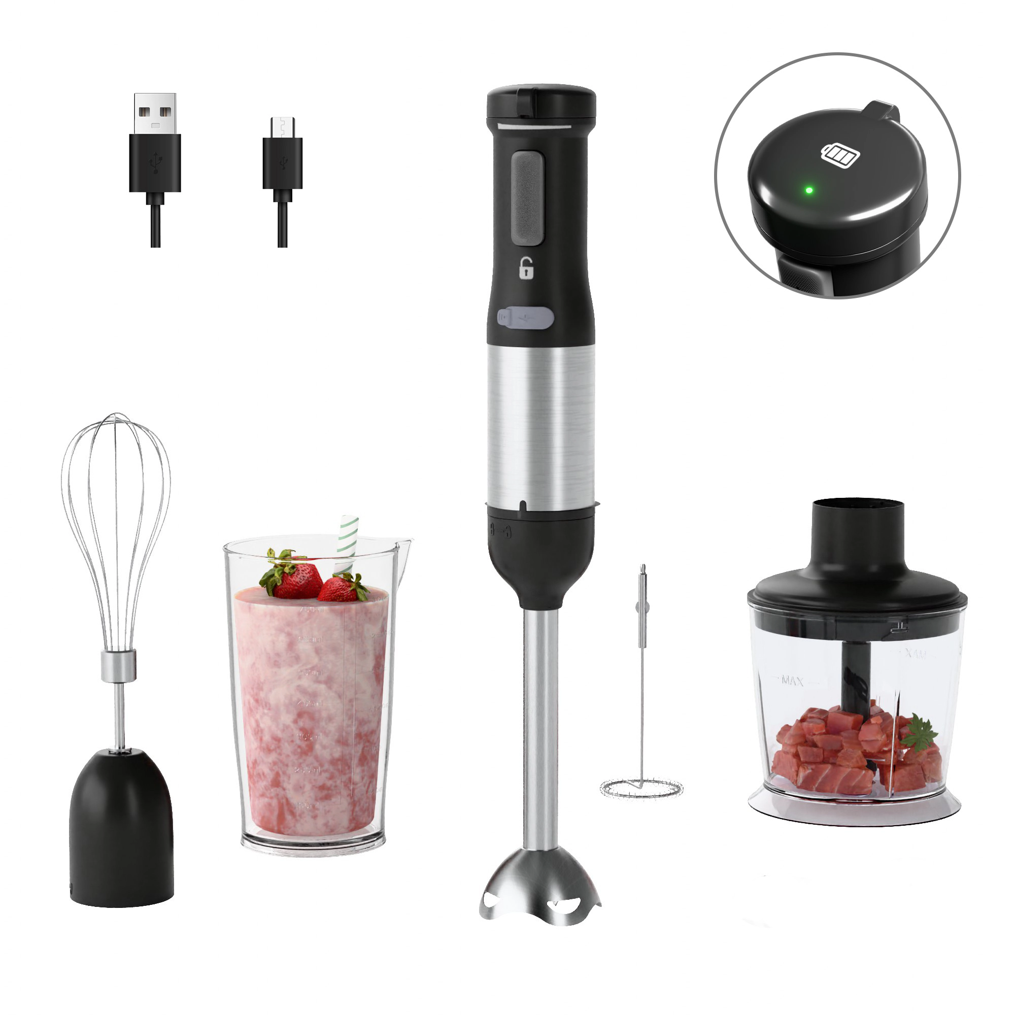 WHALL Cordless Immersion Hand Blender, 5-in-1 Rechargeable Stick Blender with Variable Speed, Stainless Steel Blade