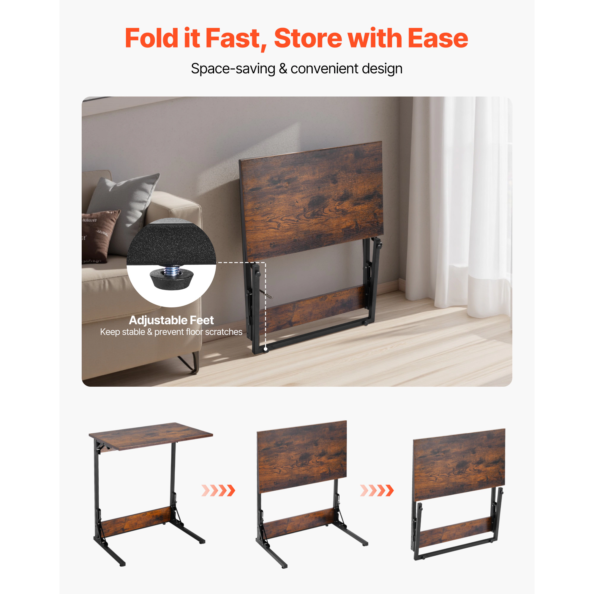 HONGGE Foldable C-Shaped End Table with Iron Frame and Adjustable Feet, 23.62 x 14.57 x 27.56 Inches