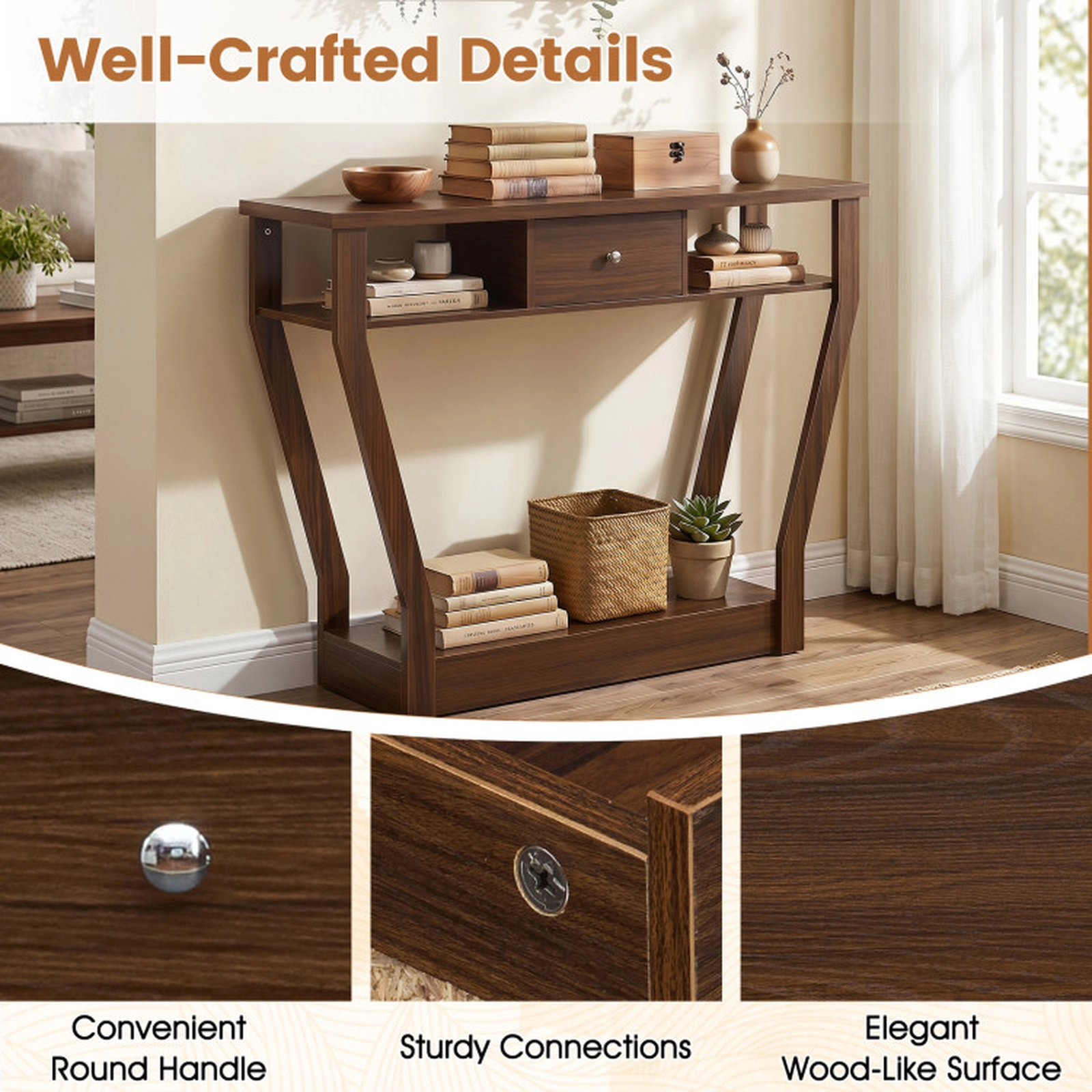 SUGIFT Angled Legs Center Drawer Open Cubbies Hall Console Table 43-in x 12-in x 32-in 66-lb Capacity Walnut