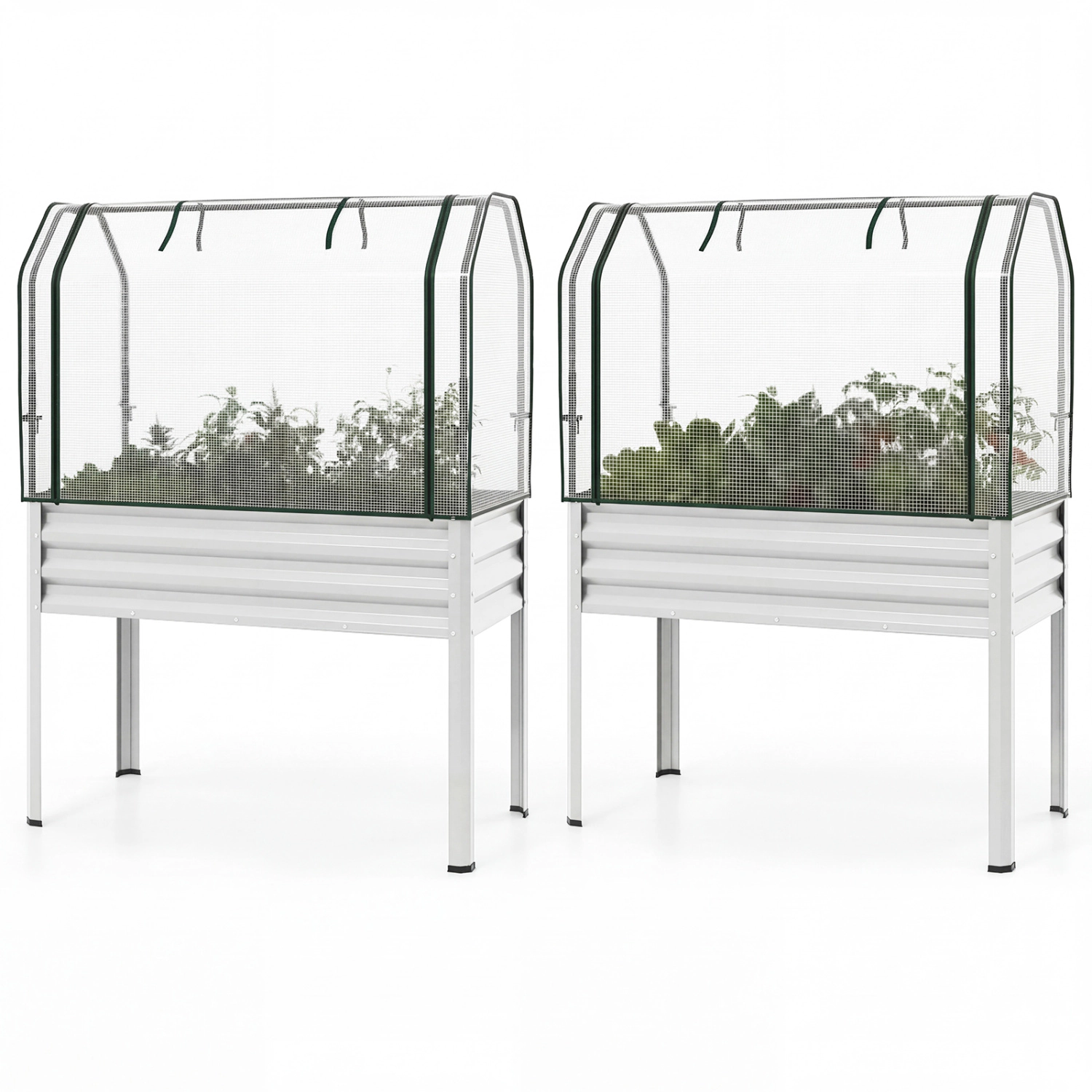 LJG 2 Pieces Galvanized Raised Garden Bed with Legs and Greenhouse Cover for Vegetable Flower