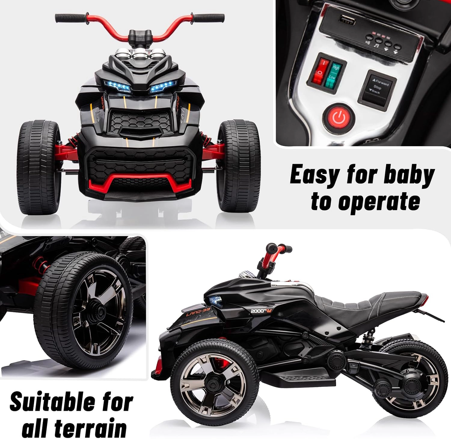 12V Kids Ride On Truck Car, 3-Wheel Electric Vehicle w/2×55W Motors, Remote, 7MPH, Music, LED Lights, EVA Tires
