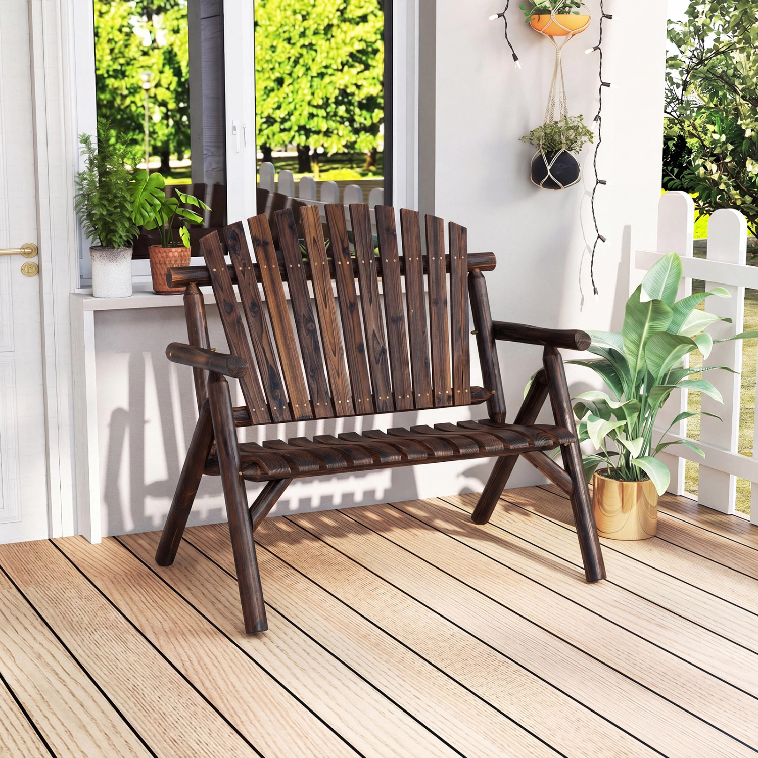 LJG 2-Person Log Wood Patio Bench with Slatted Backrest for Deck Backyard