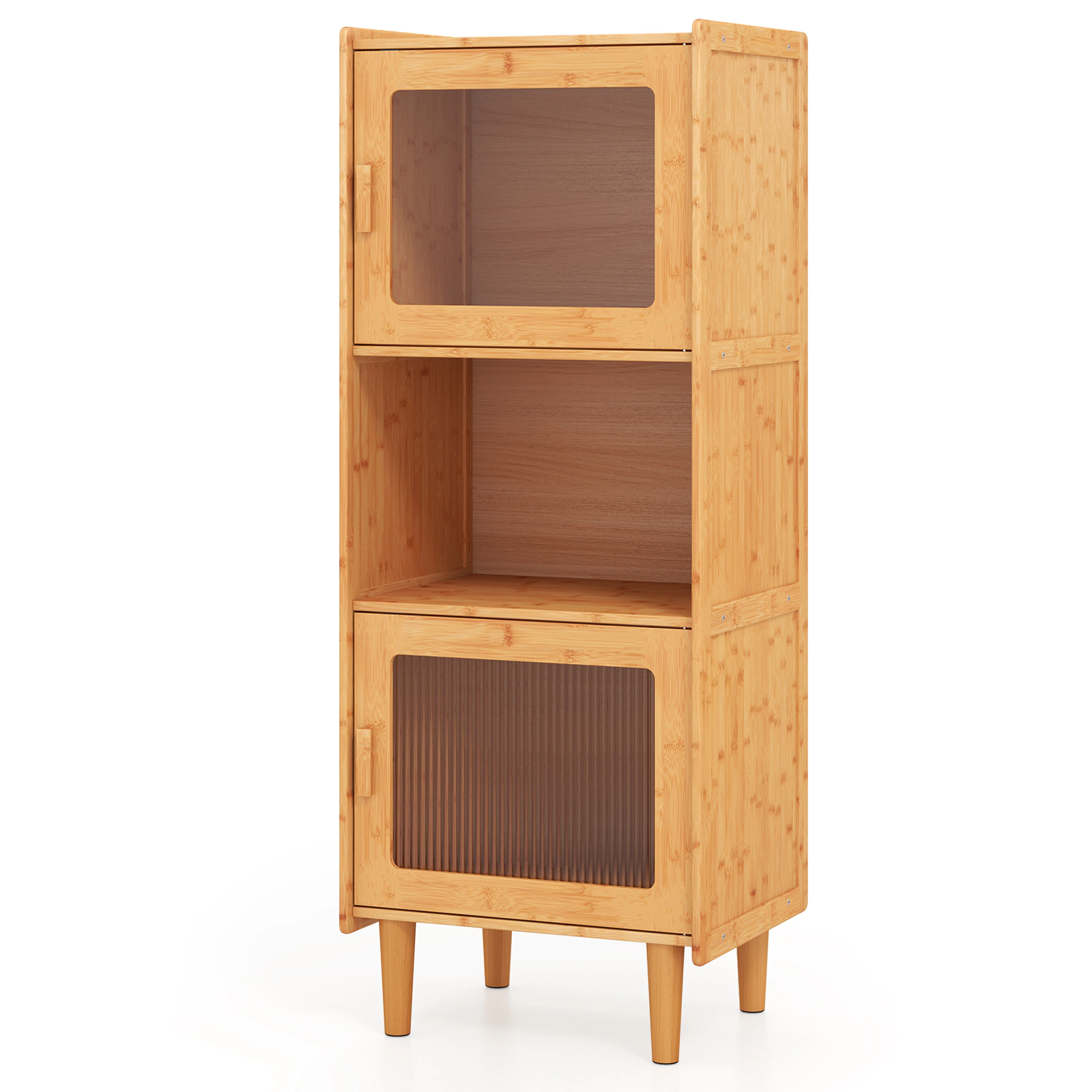 Slickblue Freestanding Wicker Storage Cabinet with Open Shelf and 2 Door Compartments Natural Finish