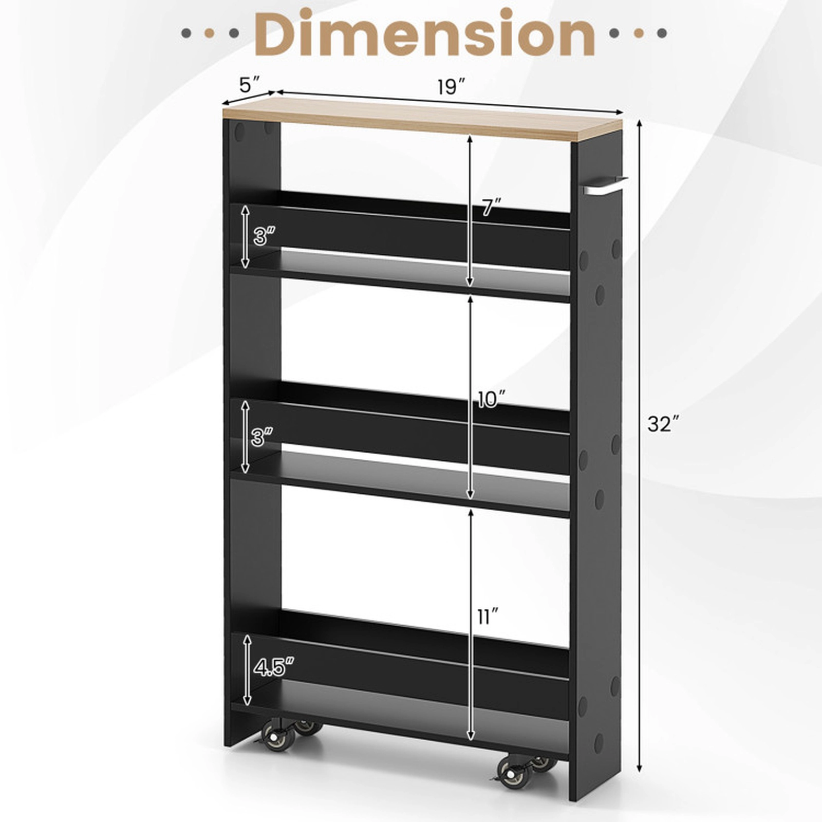 SUGIFT Rolling Kitchen Slim Storage Cart Black 4-Tier Organizer with Handle