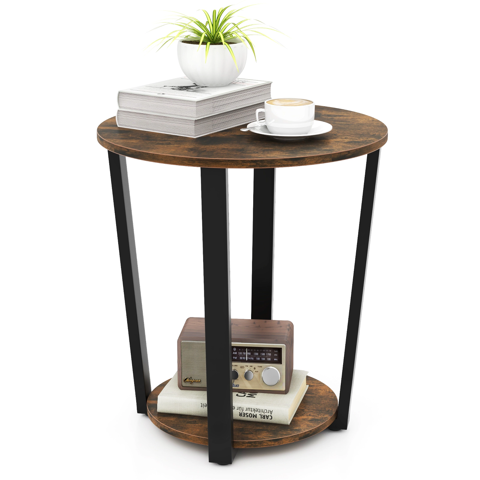 Glintex 2-Tier Round End Table with Removable Tray Shelf and Iron Frame, Brown