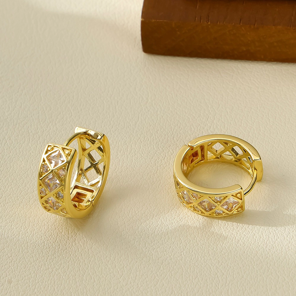 Hollow Lattice Cubic Zirconia Huggie Hoop Earring Gold Plated Rhombus CZ Hoop Earring