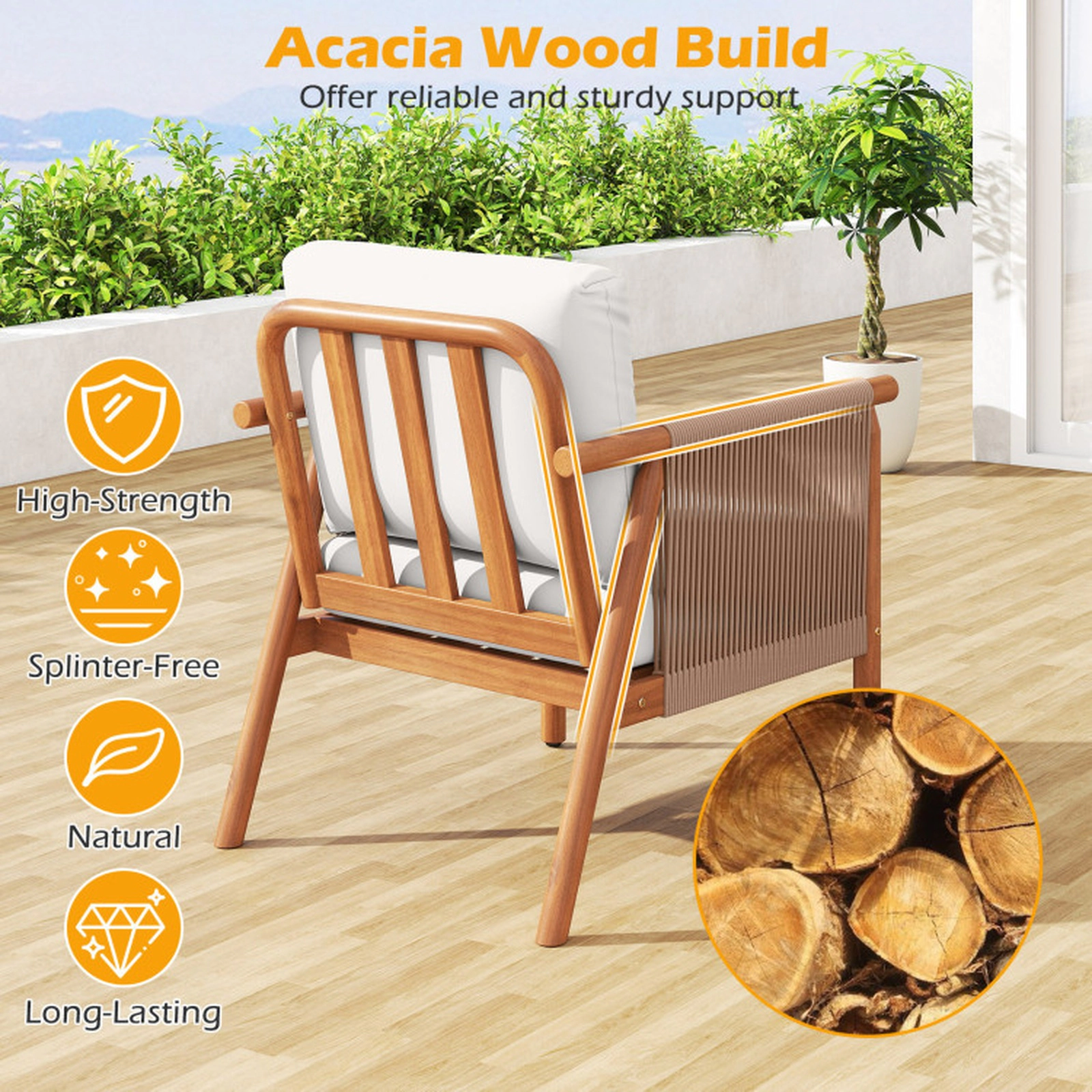 SUGIFT Set of 2 White Boho Acacia Wood Outdoor Lounge Chairs with Woven Rope Armrests