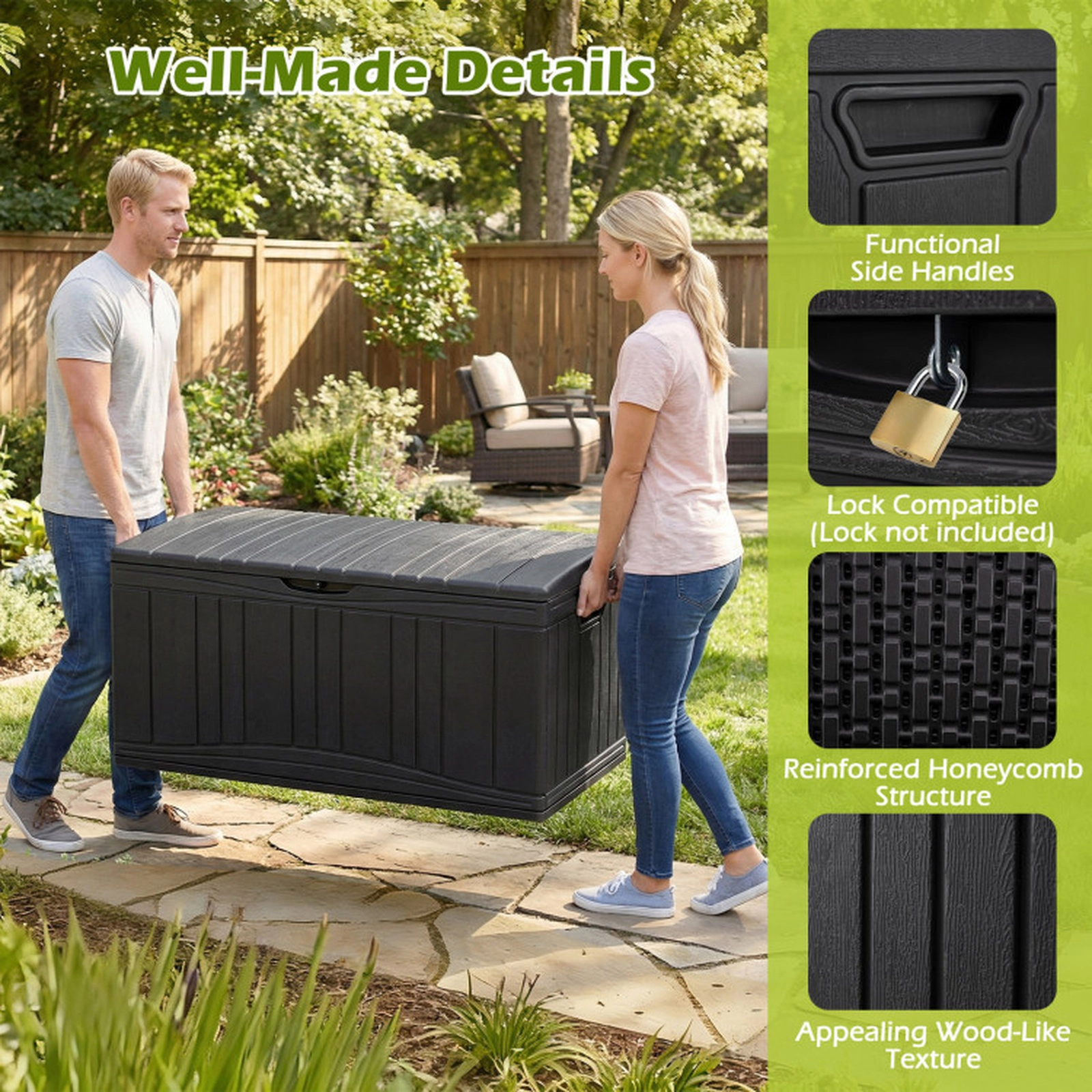 SUGIFT 80-Gallon Honeycomb Structure Lockable HDPE Outdoor Deck Storage Box 45-in x 22-in x 24-in 330-lb Black
