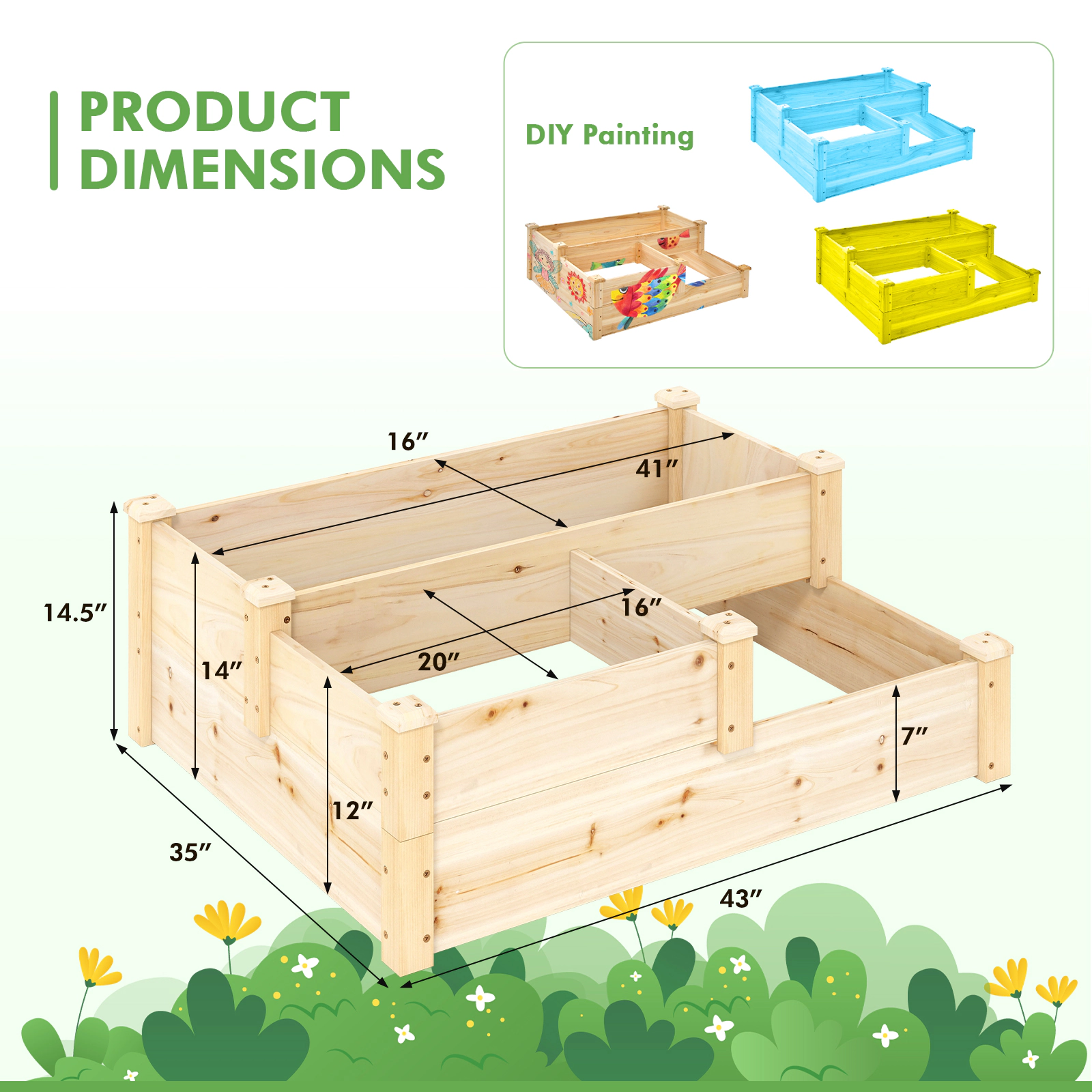 SlickBlue Wooden 3-Tier Raised Planter for Vegetables and Herbs