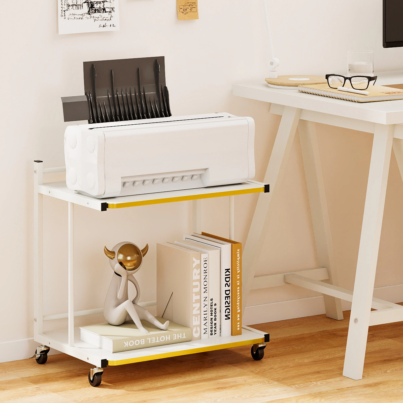 Glintex Mobile 2-Tier C-Shaped Side Table with Gold Trim and Anti-Drop Guardrails, White