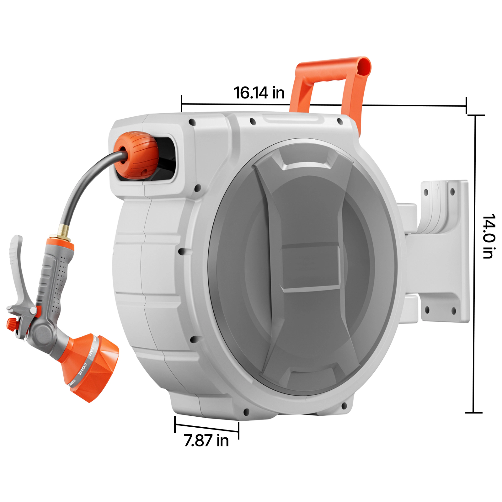 HONGGE Retractable Garden Hose Reel, 1/2 in x 84 ft, Wall-Mounted, 9-Pattern Nozzle, Slow Rewind, 180 Swivel Bracket