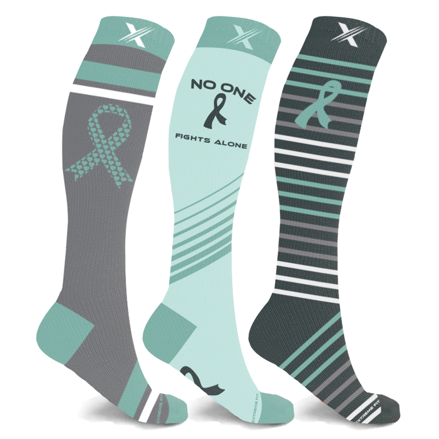 Extreme Fit Cancer Awareness Compression Socks - Knee High For Running 3 Pair