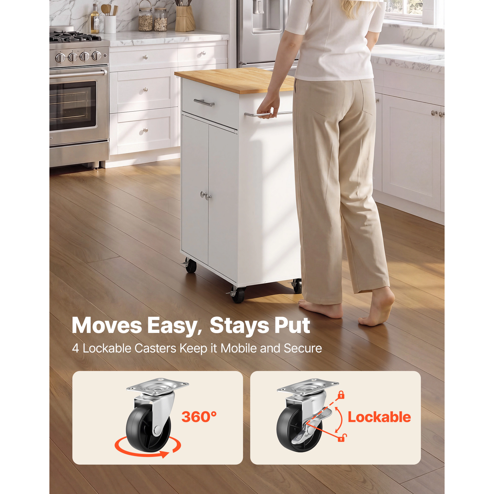 HONGGE Kitchen Island Cart with Storage Mobile Rolling Storage Island on Swivel Wheels with Drawer Storage Cabinet Rack