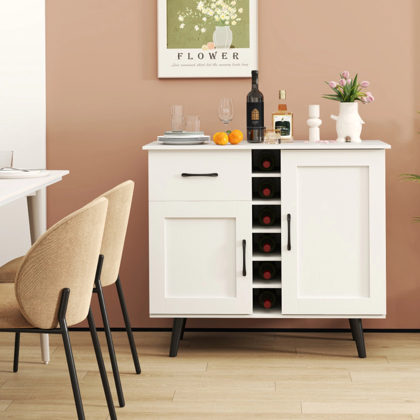 SUGIFT 6-Bottle Rack 2 Door Cabinets Metal Legs Buffet Wine Cabinet 35.5-in x 16-in x 31-in 125-lb Capacity White
