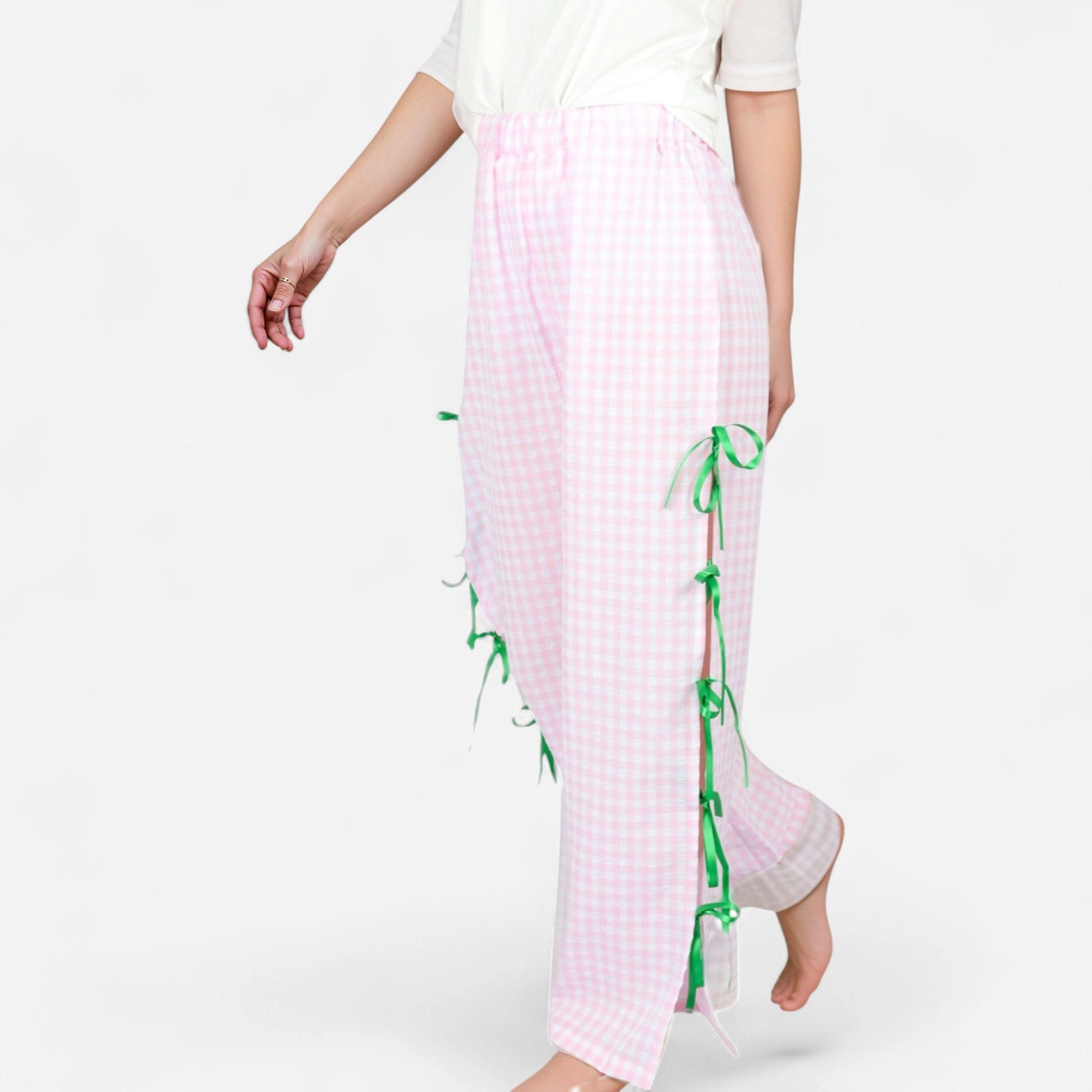 Anna-Kaci Women's Gingham Wide Leg Pants with Elastic Waistband Contrast Side Ribbon Tie Details Design
