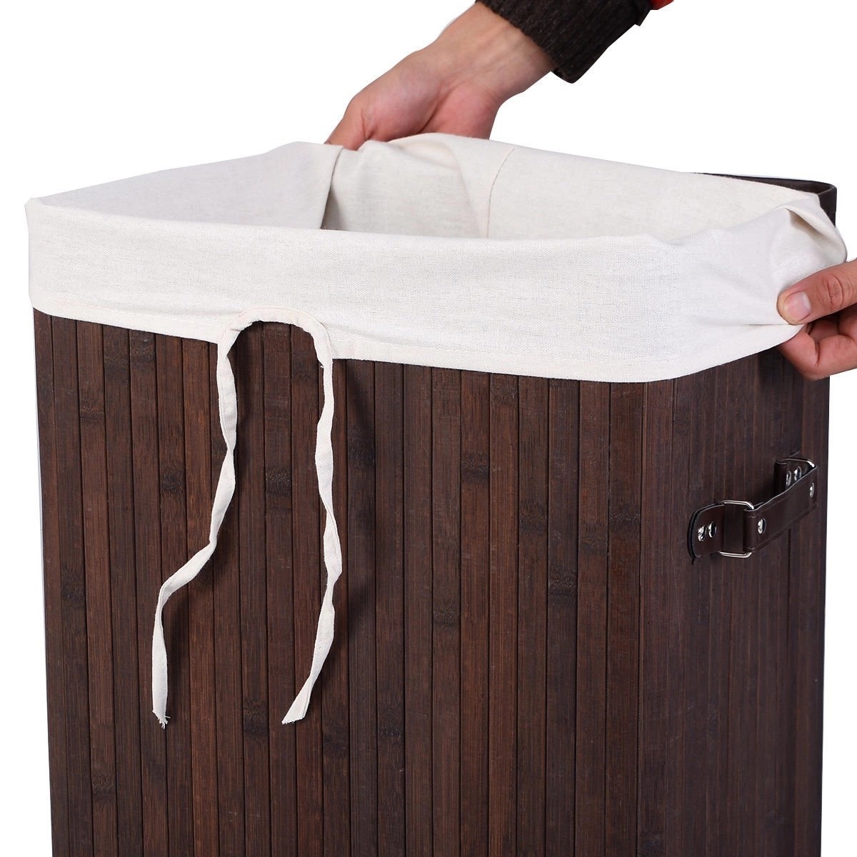 SUGIFT Brown 72L Rectangle Bamboo Clothes Hamper Laundry Basket with Lid Cotton Liner and PU Handles