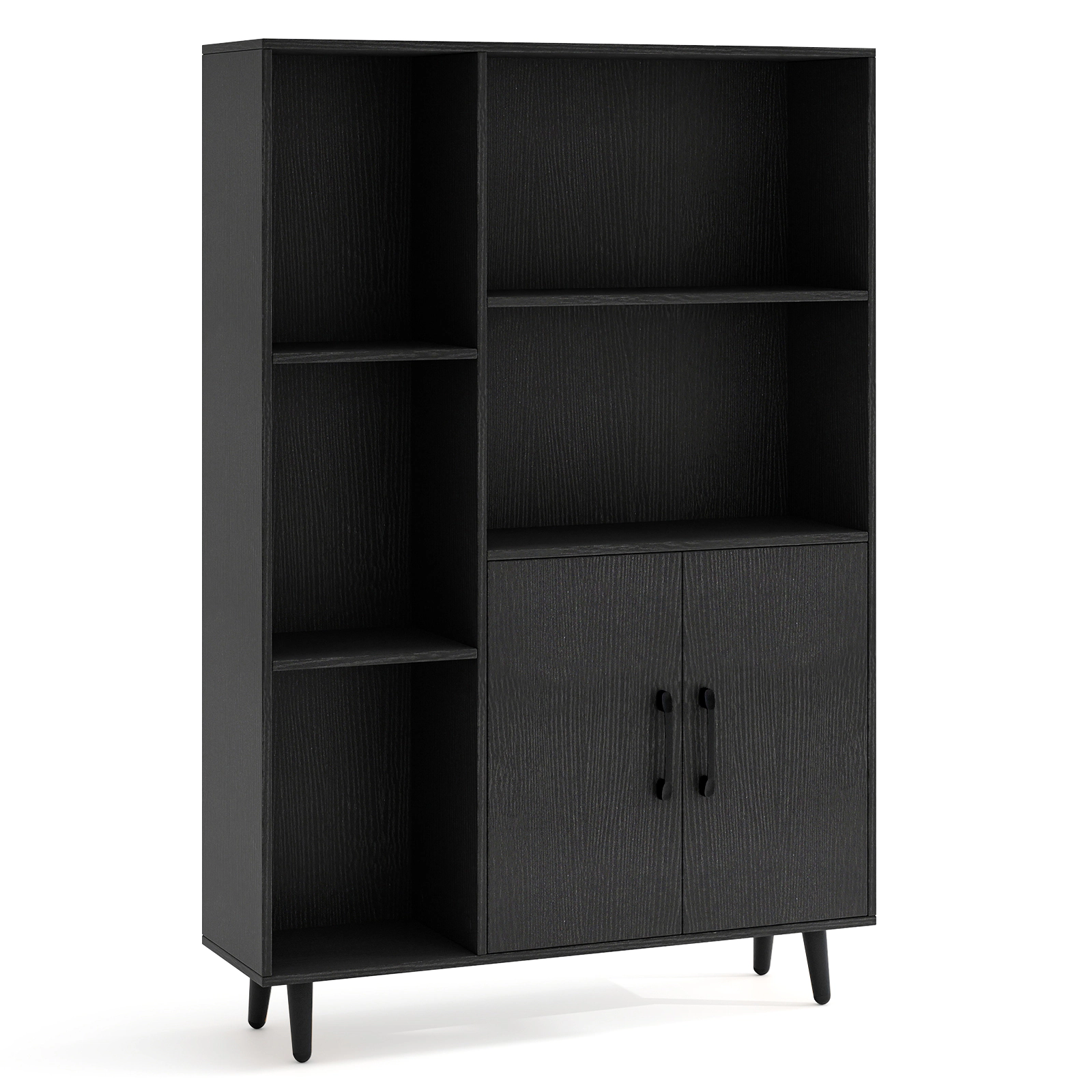 LJG 4 Inch Floor Bookshelf with 5 Open Compartments and Storage Cabinet