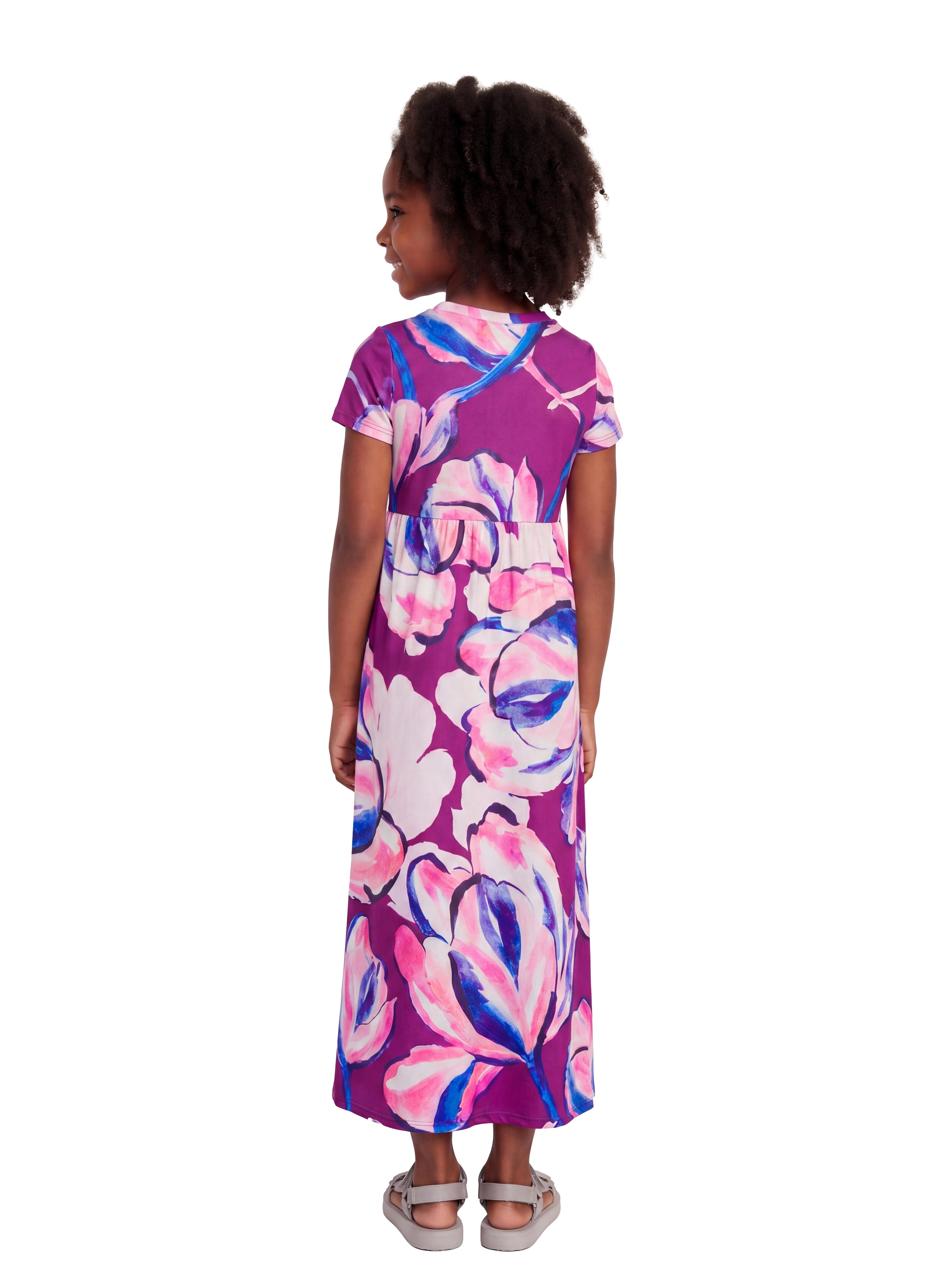 24sevenKid Essential Girls Purple Floral Print Short Sleeve Maxi Dress