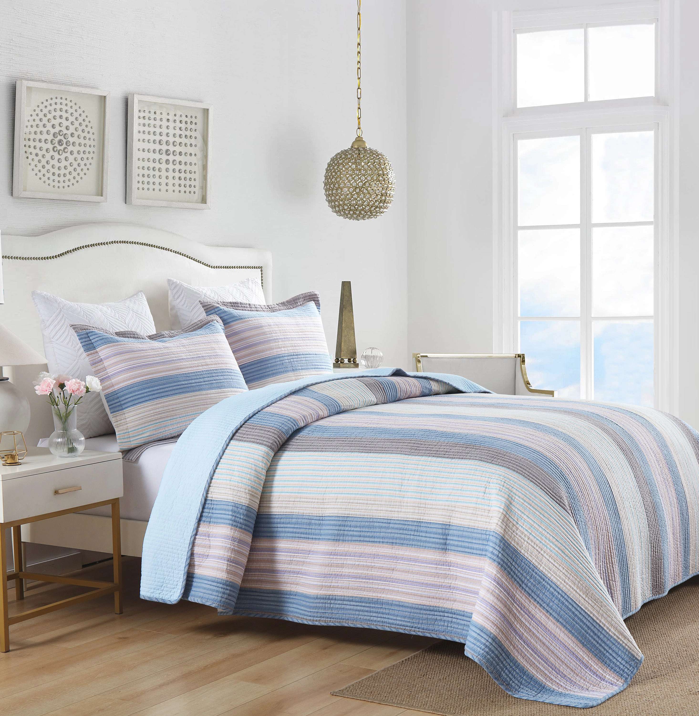 MarCielo 3 Pieces 100% Cotton Striped Quilt Bedspread Set-Soft Lightweight Bedding