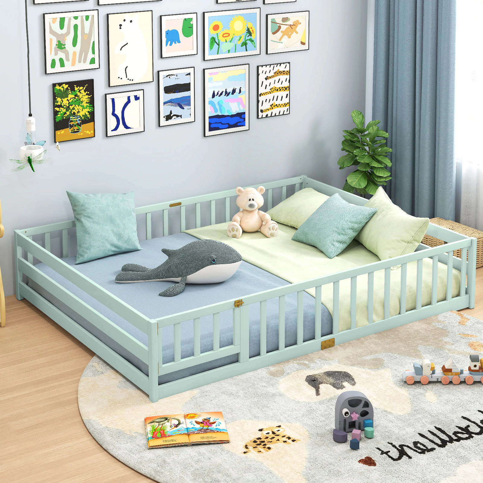 SUGIFT Queen Size Montessori Floor Bed Frame with Full-Length Safety Guardrails and Lockable Door Toddler Bed Green