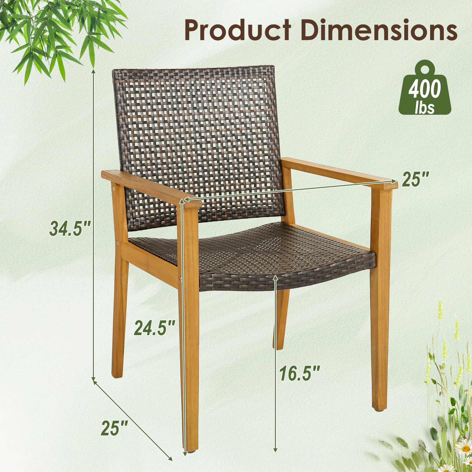 LJG Set of 4 Outdoor Rattan Chair with Sturdy Acacia Wood Frame