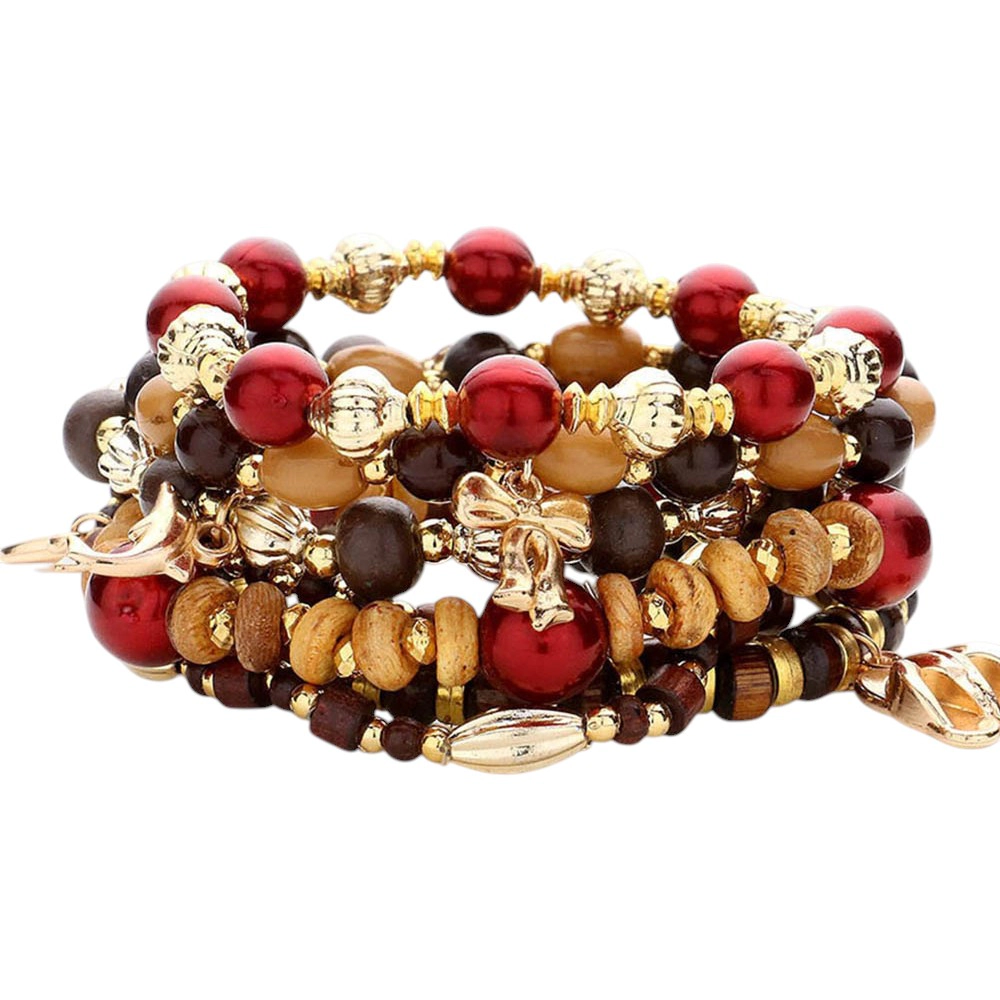 FASHNZFAB 7PCS - Metal Flip Flop Angel Heart Dolphin Charm Pointed Various Beads Beaded Stretch Multi Layered Bracelet