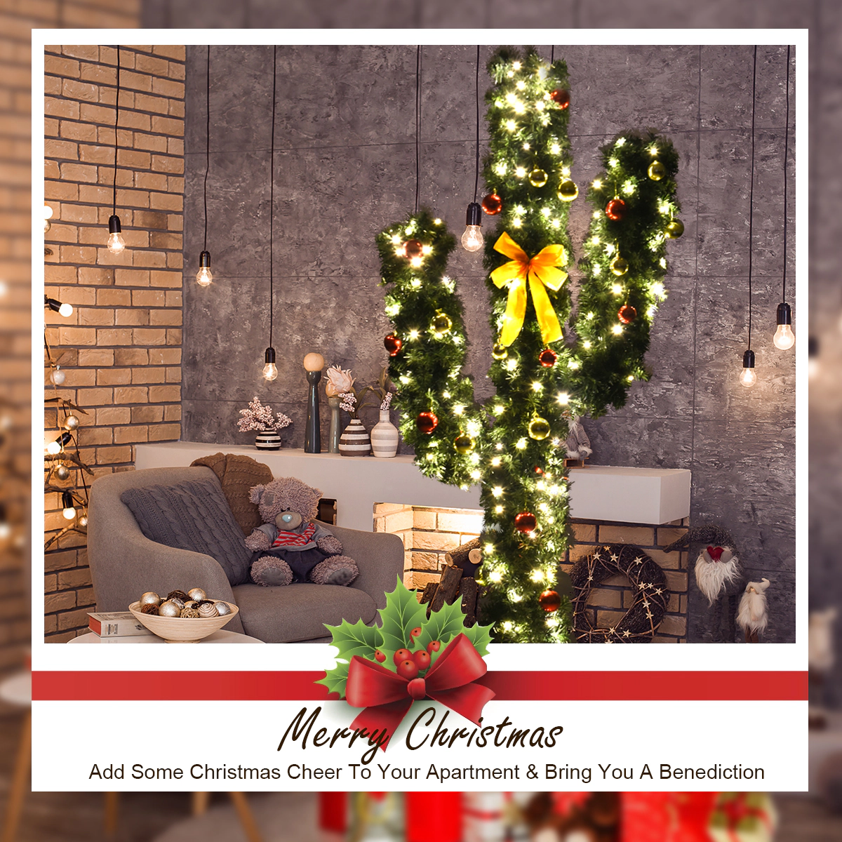 Costway 6Ft Pre-Lit Cactus Christmas Tree LED Lights Ball Ornaments