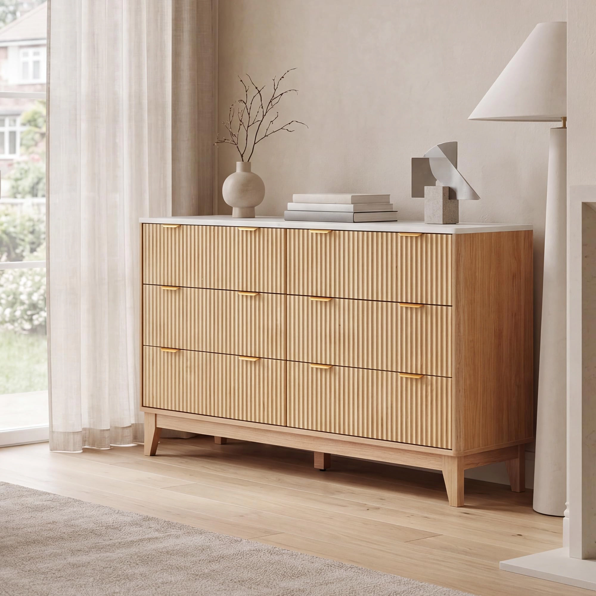 6-Drawer Dresser with Fluted Design and Gold Accents, 54" Wide Wood Storage Chest for Bedroom Living Room Entryway