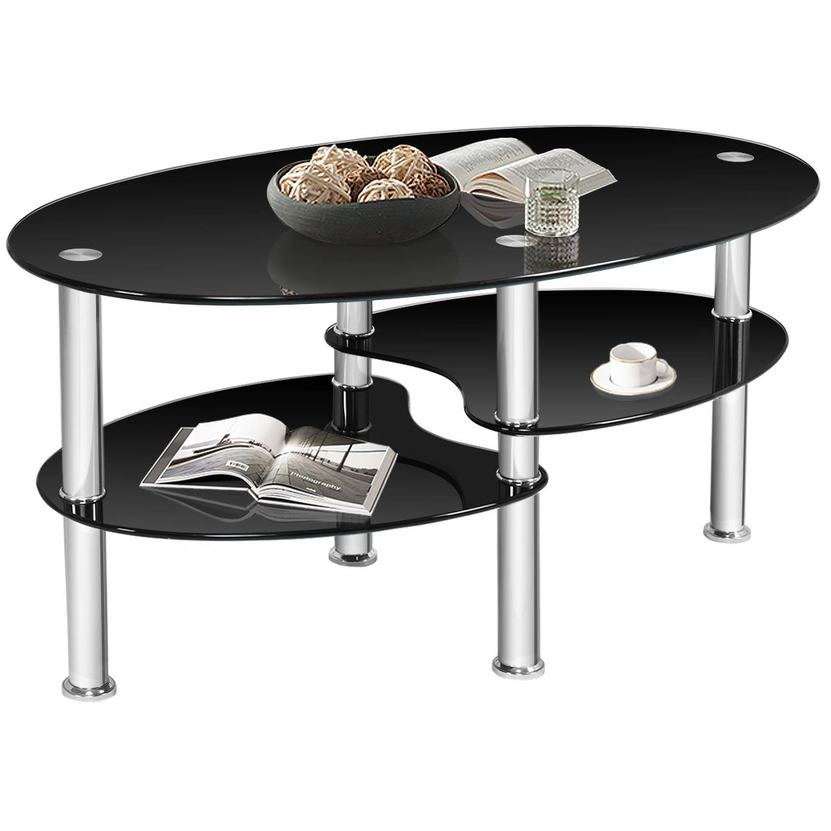 Glintex 35-Inch Oval Glass Coffee Table with 2 Bottom Storage Shelves