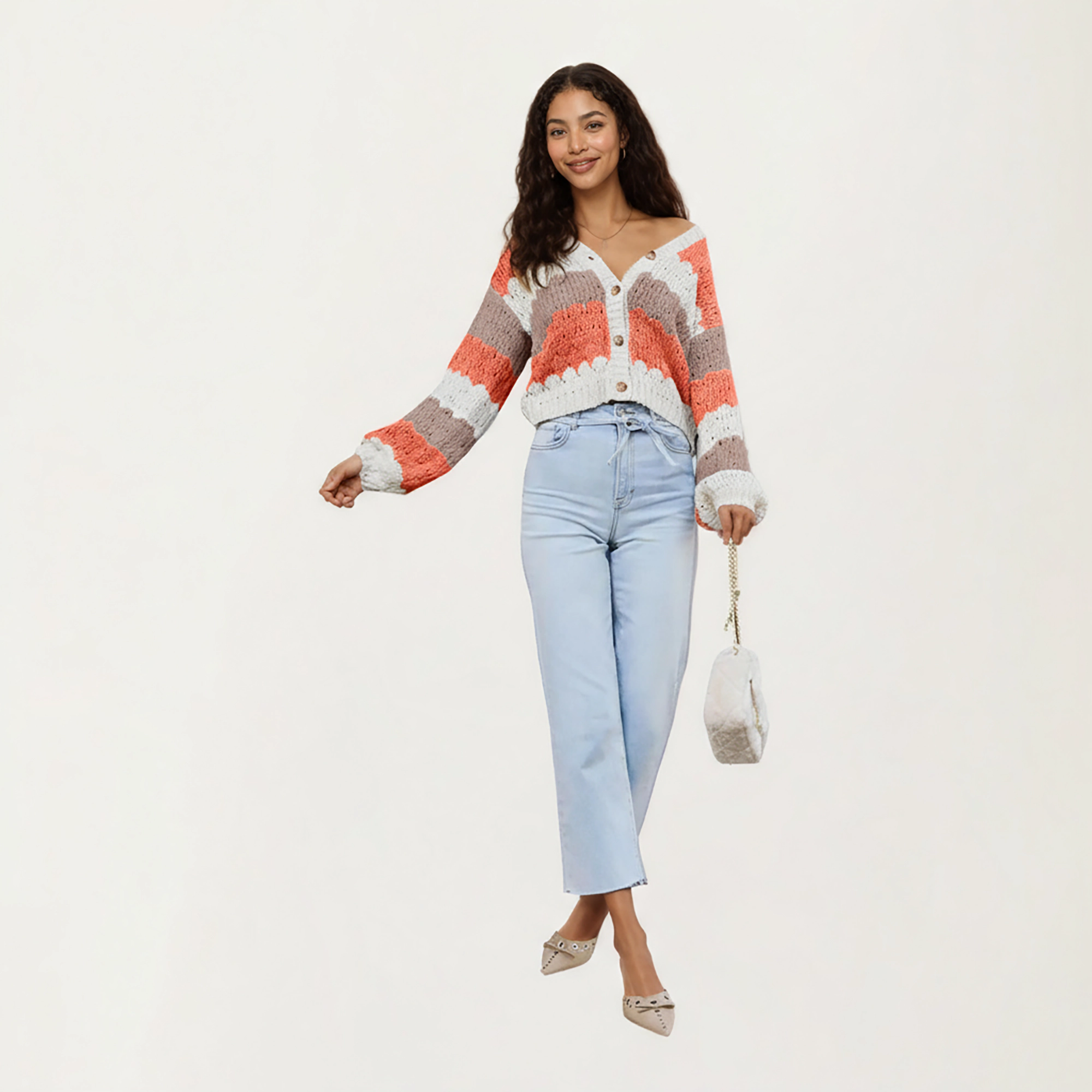 Anna-Kaci Women's Textured Knit Button Front Top with Long Sleeves, Scalloped Stripe Pattern and Cropped Fit