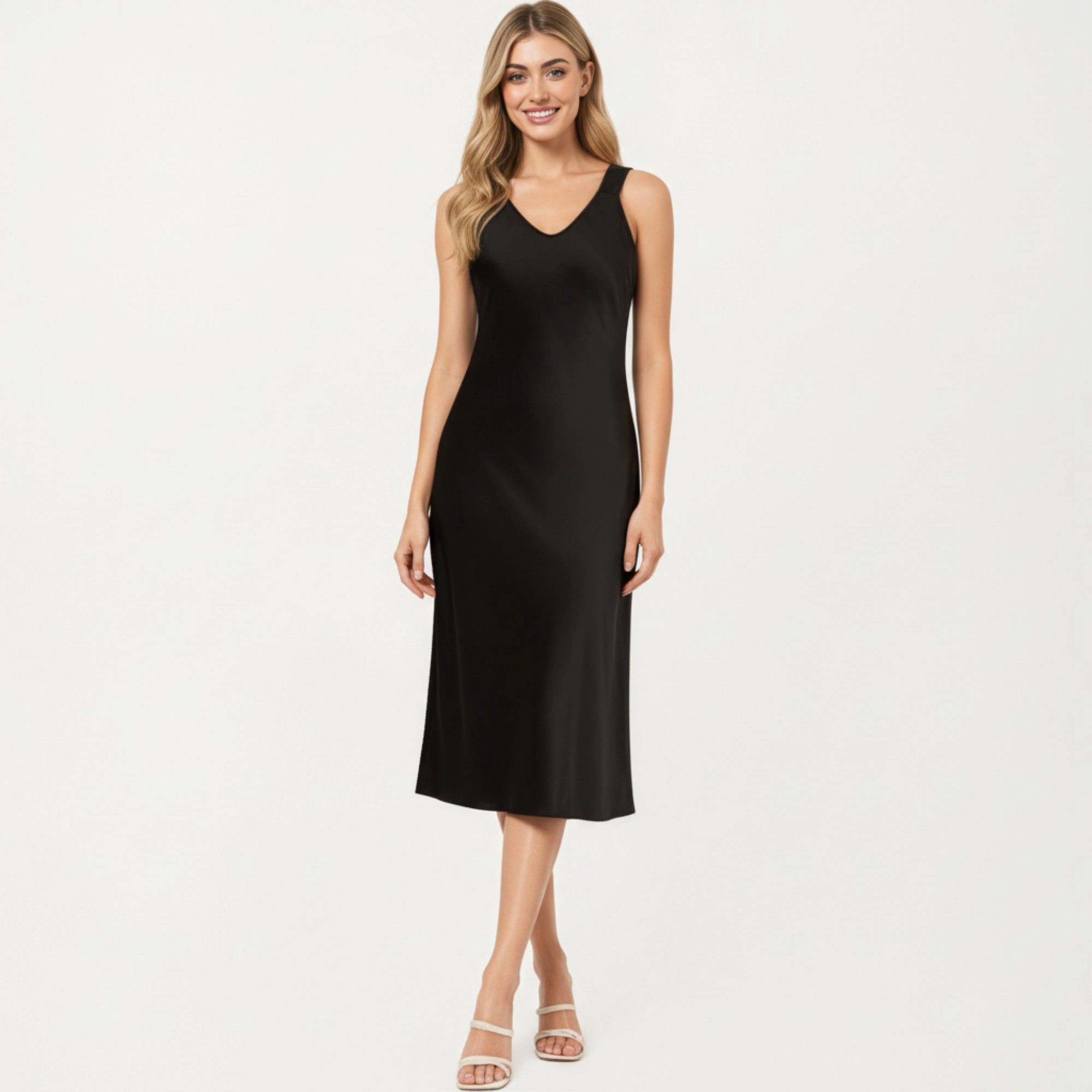 Anna-Kaci Women's Satin Midi Slip Dress with Wide Shoulder Straps and Smooth Sculpted Silhouette