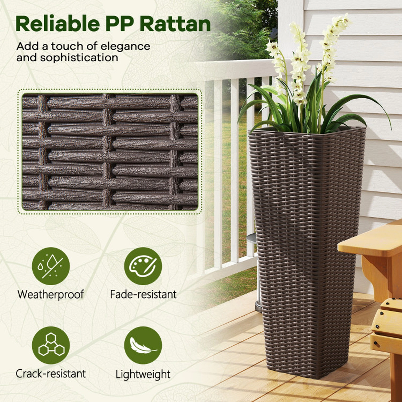SUGIFT Set of 2 Rattan-Style Tall Tapered Planters with Inner Trays 32-in and 24-in Outdoor Flowerpots Black/Coffee