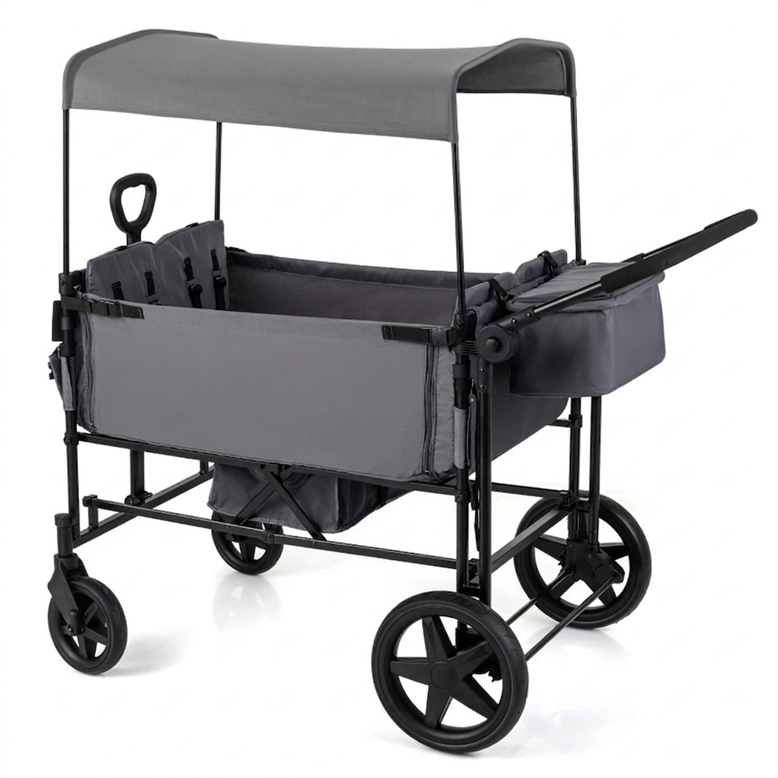 SUGIFT Foldable 4-Seater Wagon Stroller with Removable Canopy and Adjustable Push Handle 160-lb Capacity Black/Gray