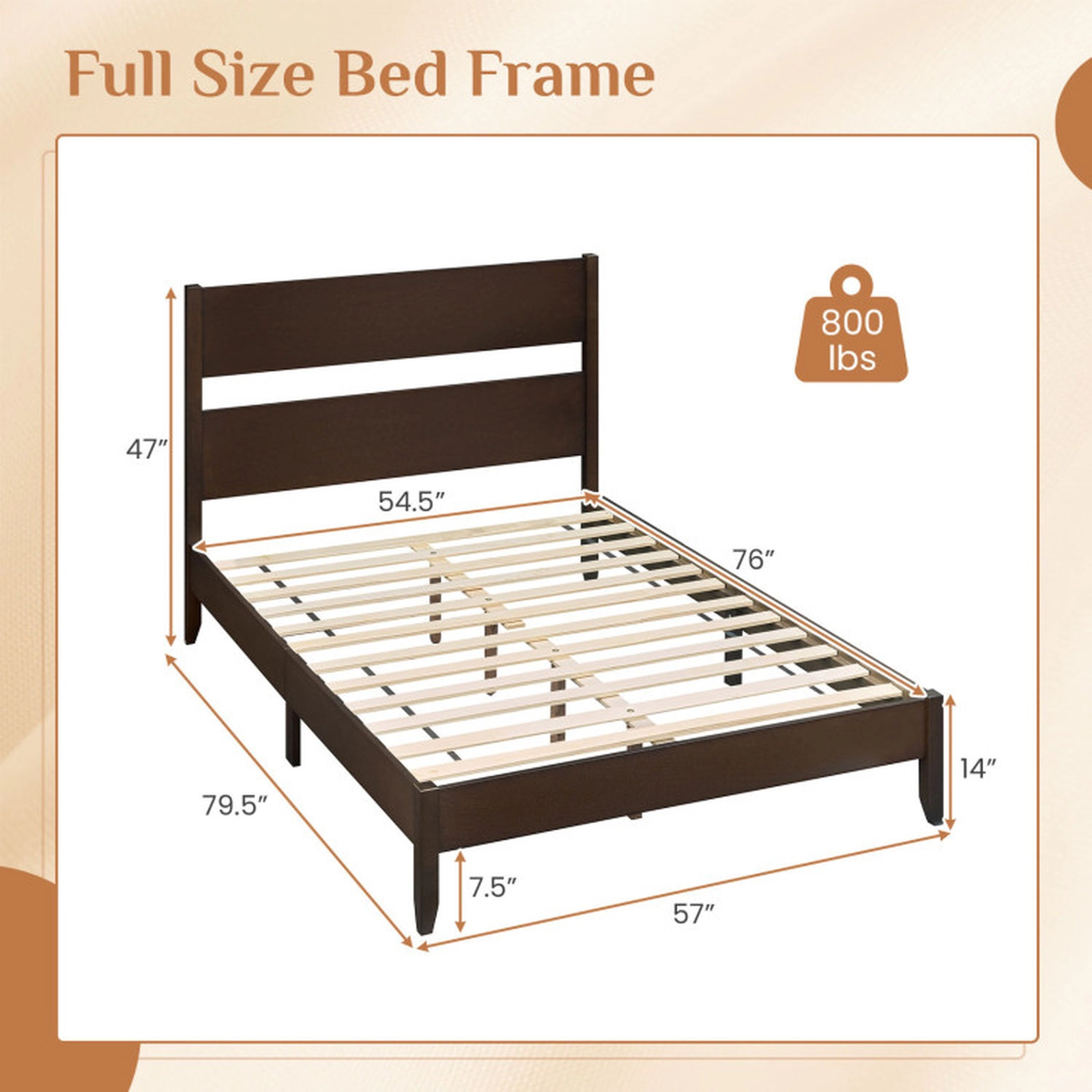 SUGIFT Full Bed Frame with Solid Wood Legs 800-Lb Capacity 79.5-in Frame Dark Walnut Warm Brown