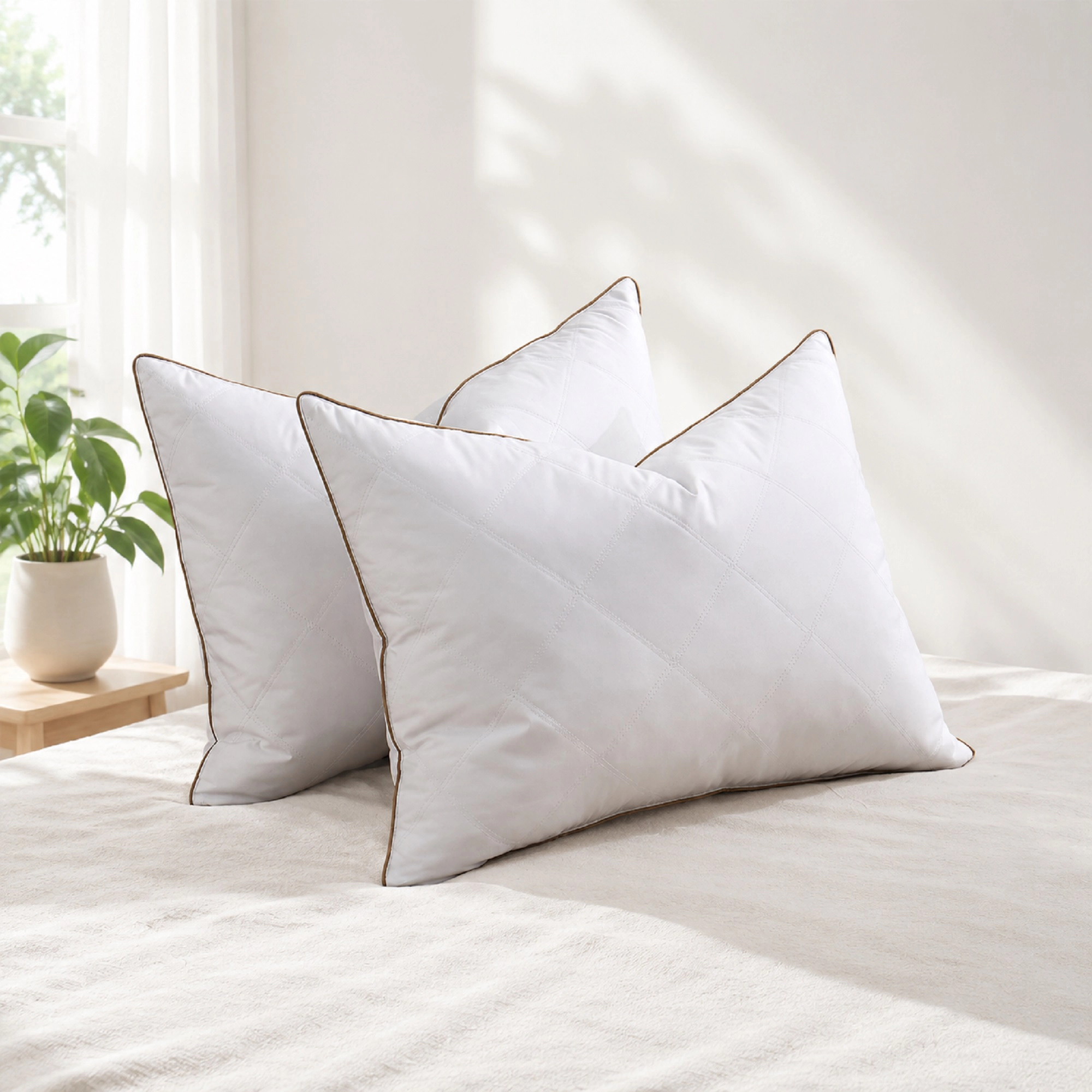 Unikome Diamond Quilted Goose Feather Pillow Set of 2, Brown Piped Hotel Support Bed Pillows