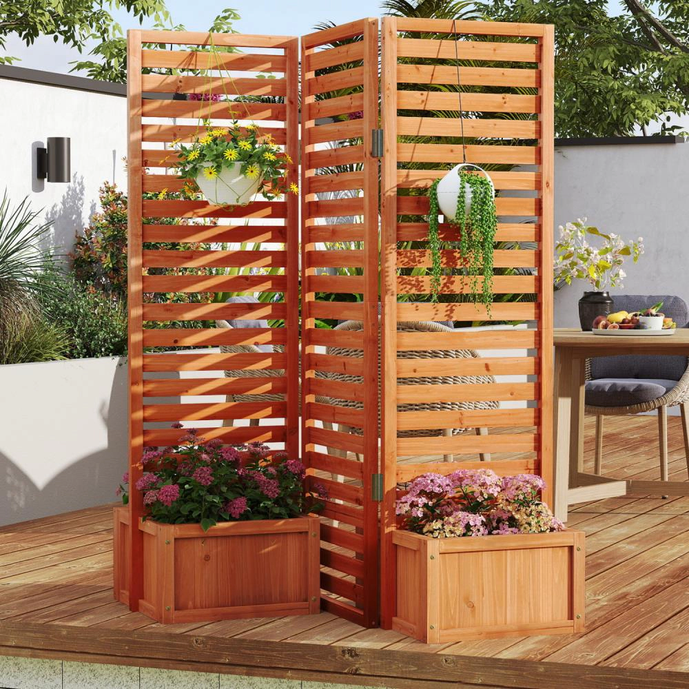 Hivvago 3-Panel Solid Wood Frame Freestanding Garden Fence with 2 Self-Draining Planter Boxes