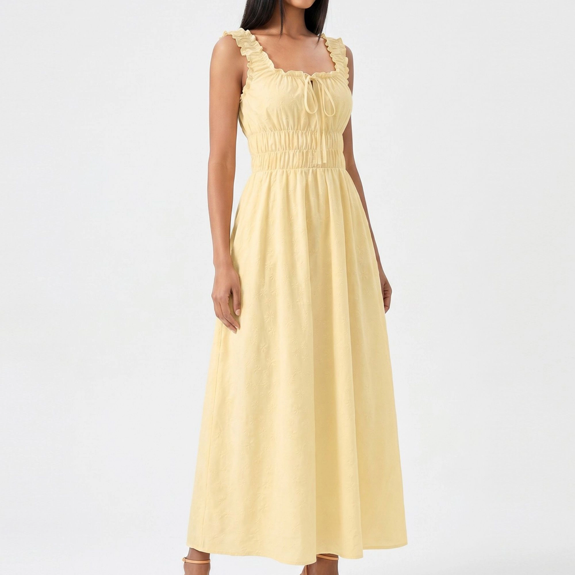 Anna-Kaci Women's Smocked Ruffle Straps Tie Front Neckline Maxi Dress