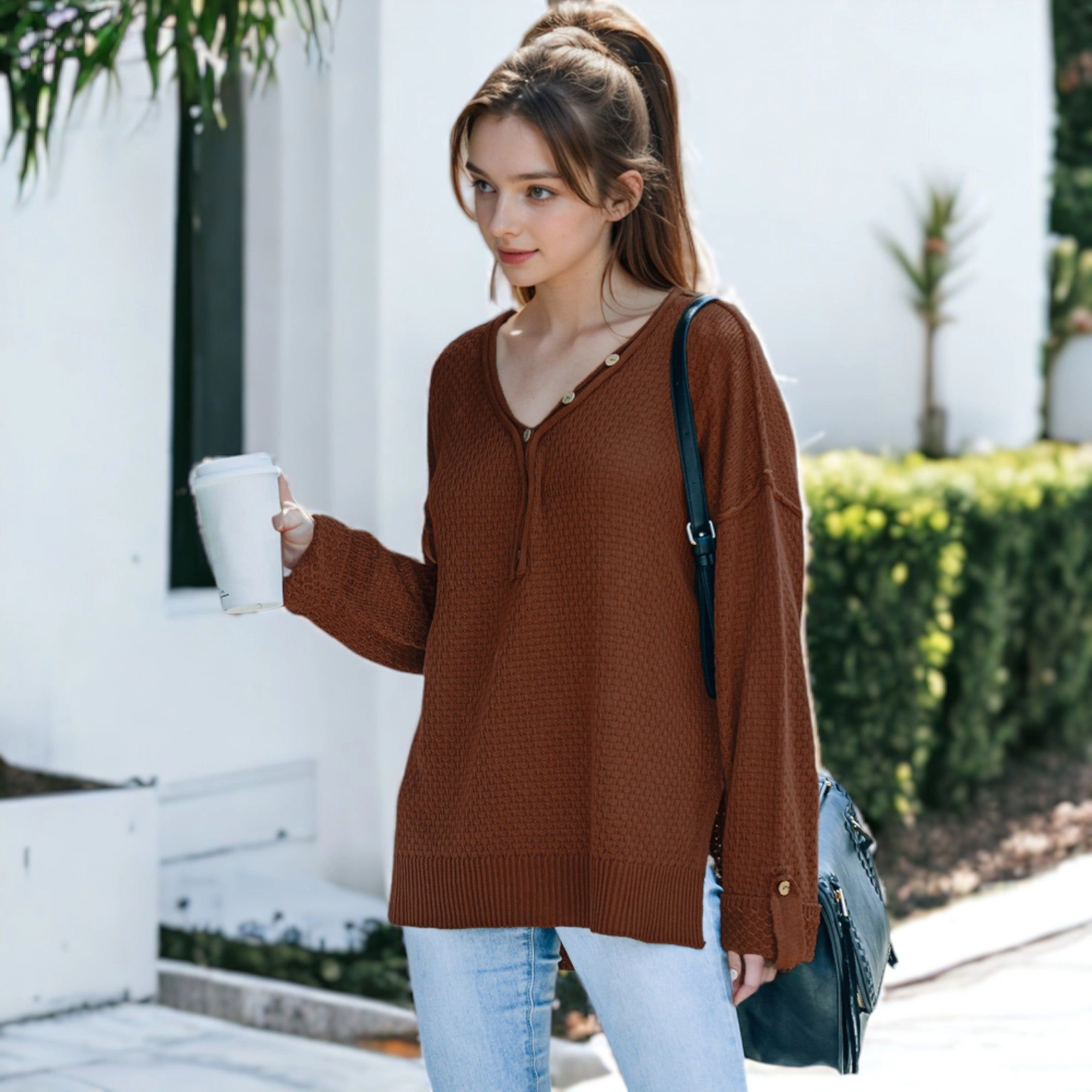 Anna-Kaci Women's Contrast Button Detail Knit Sweater