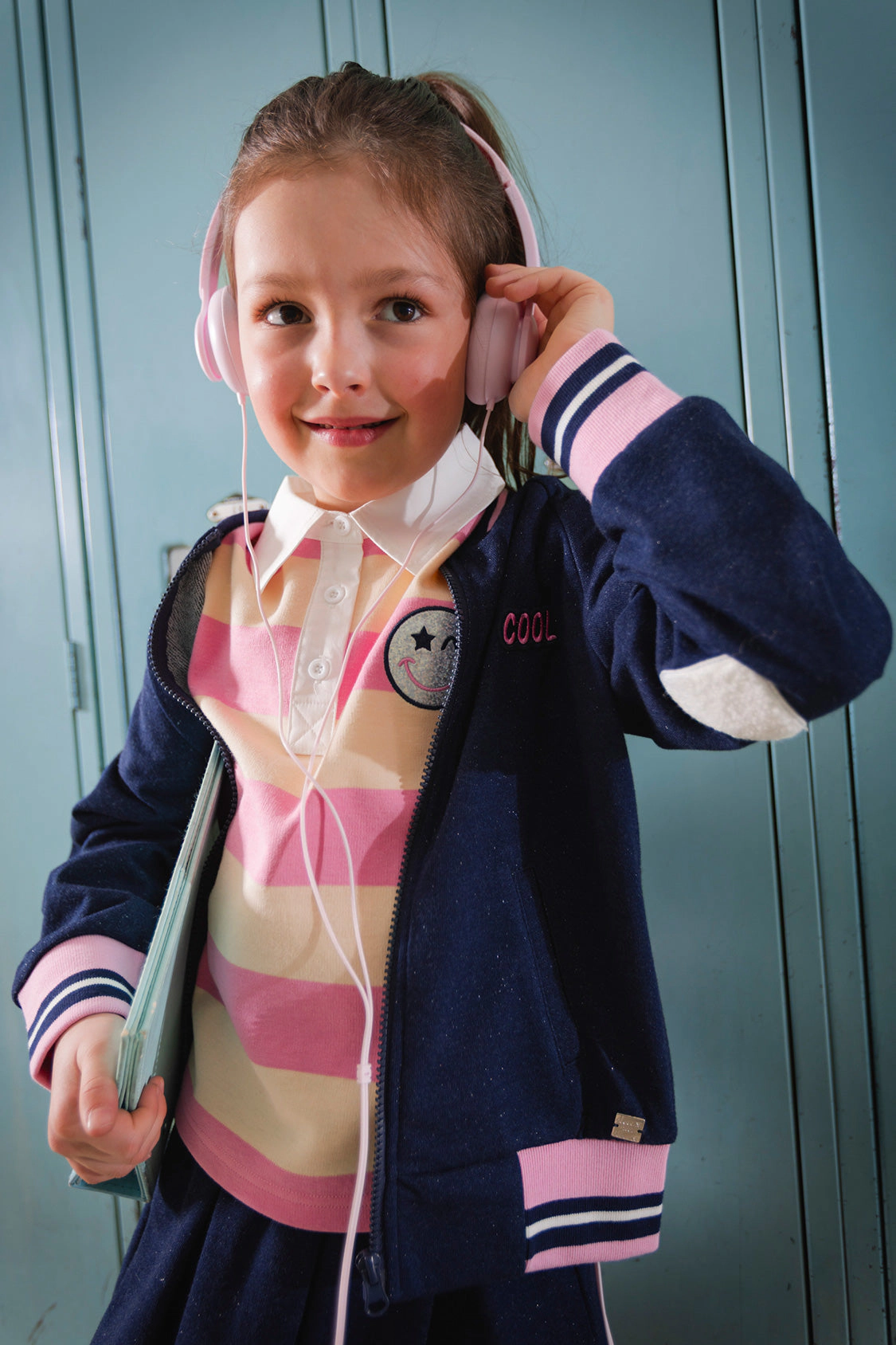 Deux par Girls Striped Smiley Graphic Polo Top