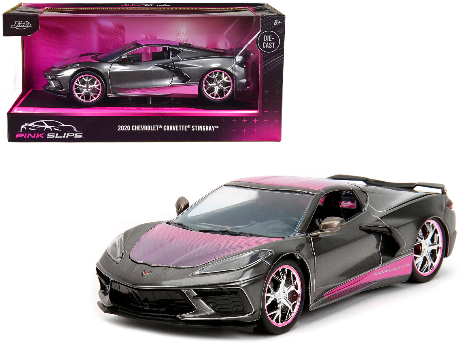Jada 2020 Chevrolet Corvette Stingray Gray Metallic with Pink Carbon Hood and Top "Pink Slips" Series 1/24