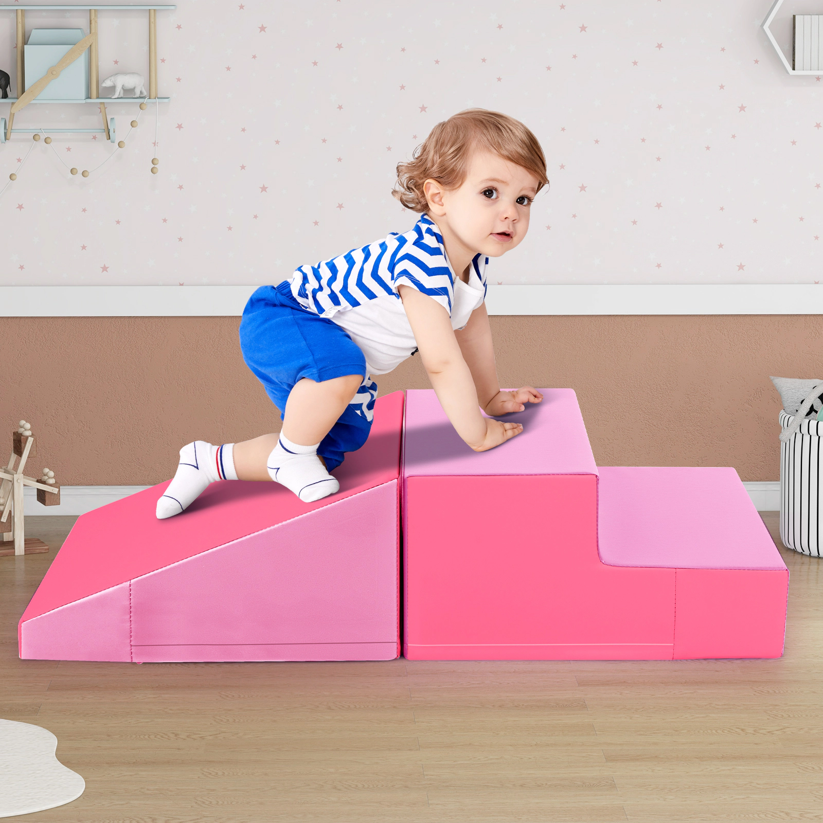 2-Piece Step and Slide Baby Climber Soft Play Foam Block Set Waterproof Removable PU Leather Cover Pink
