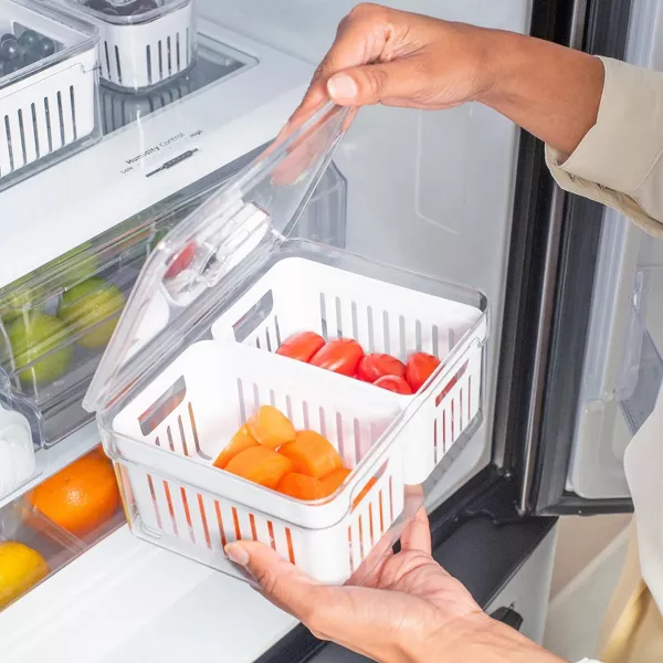 OU Clear Fridge Organizer Set, 4 Pack Stackable Produce Bins w/ Dual Removable Basket Drainers, BPA Free 74.3oz Capacity
