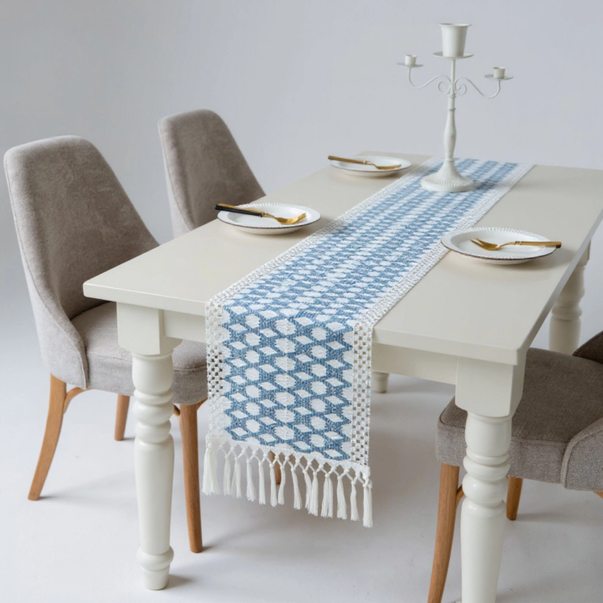 Alilang Unisex Geometric Woven Table Runner with Tassel Fringe Edges