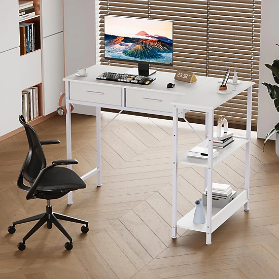 BebreezChic 40" Gaming Desk with Power Outlet, L-Shaped Computer Table, 3-Tier Shelves, 2 Drawers, Headphone Hook