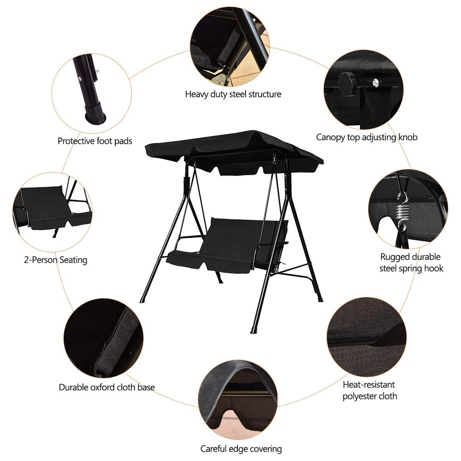 SUGIFT Outdoor Loveseat Patio Swing Chair Glider with Cushions 390-lb Capacity 55-in Frame with Canopy Black
