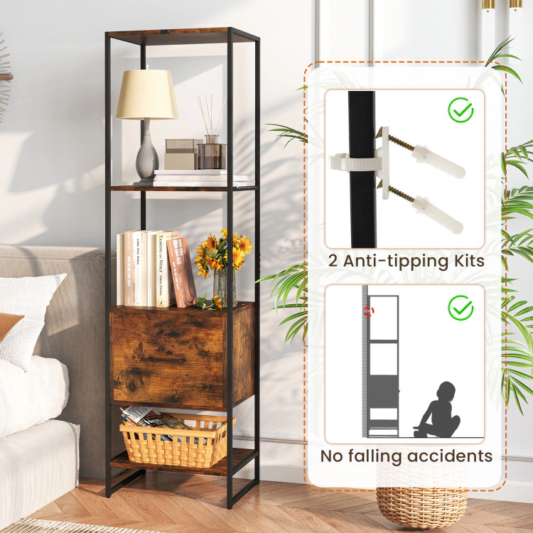 Hivvago 5-Tier Narrow Bookcase with 4 Open Shelves and Storage Drawer