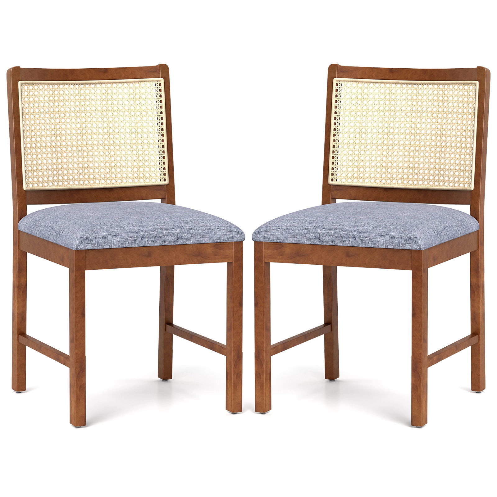 SUGIFT Natural Rubber Wood Rattan Dining Chair with Linen Padded Seat 220-lb Capacity Brown Gray Yellow