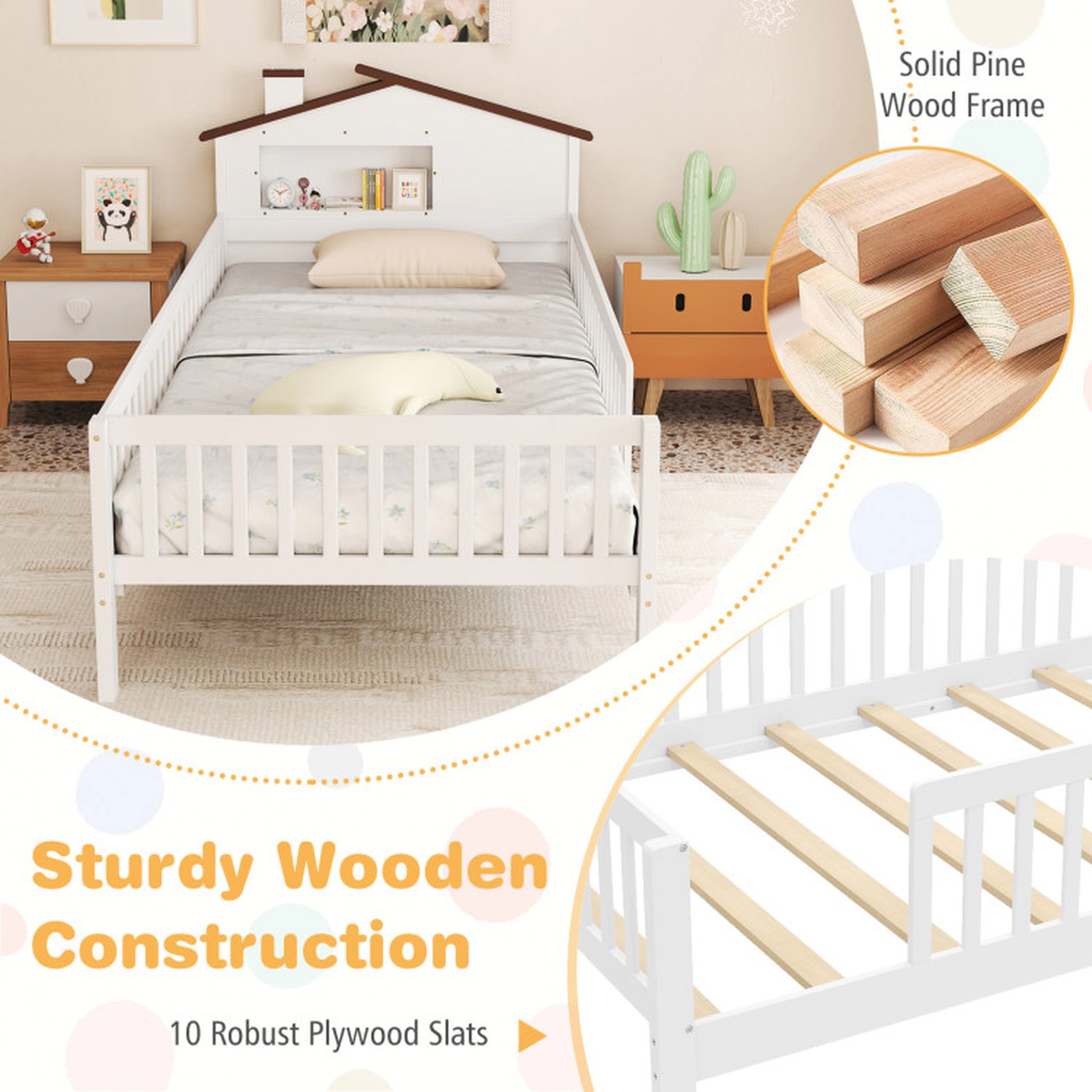 SUGIFT Kids Twin Size Montessori House-Shaped Headboard Solid Pine Bed 82-in x 44.5-in x 36.5-in 440-lb Capacity White