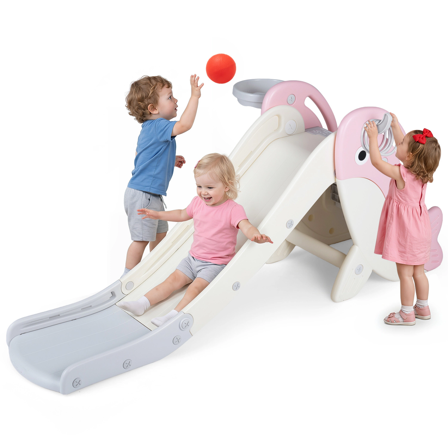 LJG Foldable Freestanding Baby Slide Climber Playset with Basketball Hoop for Kids