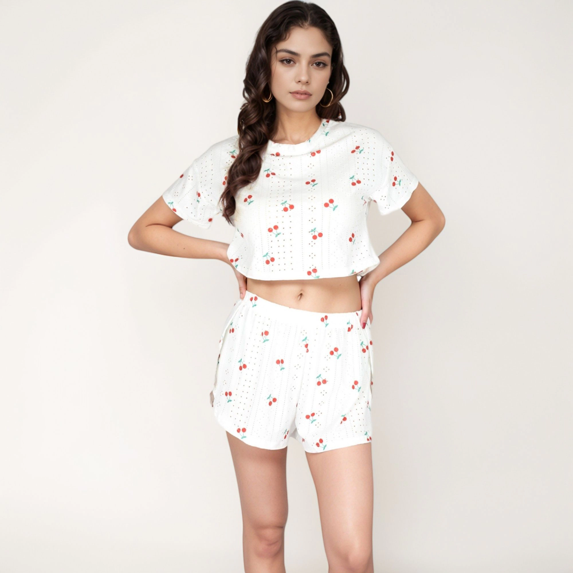 Anna-Kaci Women's Cherry Print Pajama Set with Cropped Short Sleeve Top and High Waist Relaxed Fit Lounge Shorts